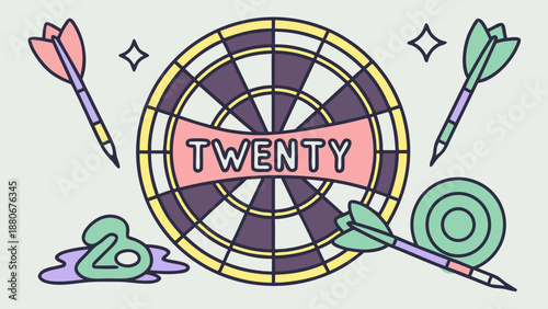 Colorful darts and dartboard illustration with the number twenty, evoking a playful competitive spirit.