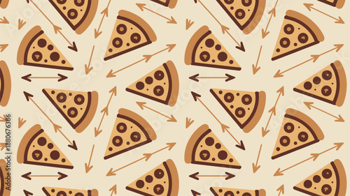 Pepperoni pizza slices with arrows on beige background pattern