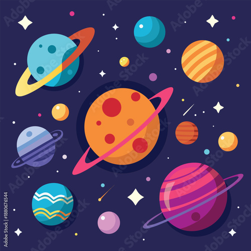 Cute colorful planets floating in space cartoon universe illustration