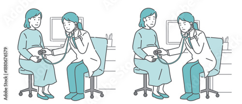 白衣の女性医師による妊婦の聴診イラストセット（正常・異常/体調不良）