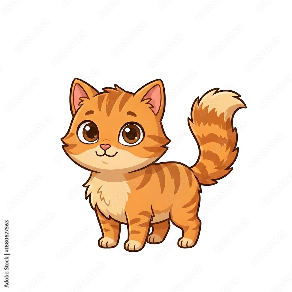 Fototapeta premium Cute Orange Tabby Cat Cartoon Character Standing Isolated on White Background