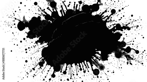 A black ink splatter with many small dots radiating outwards on a white background, creating a dynamic and abstract design.