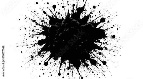 A dynamic black ink splash exploding outwards on a clean white background, creating an abstract and artistic burst pattern.