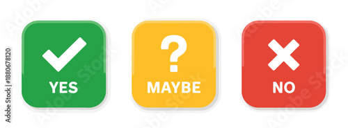 Yes no maybe speech bubble icons vector illustration, decision answer symbols for quiz, survey, exam questions, messaging apps, chat interface, badges, stickers and communication design elements.