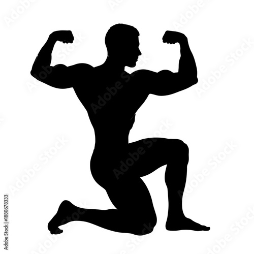 Silhouette of a muscular man kneeling and flexing his biceps.