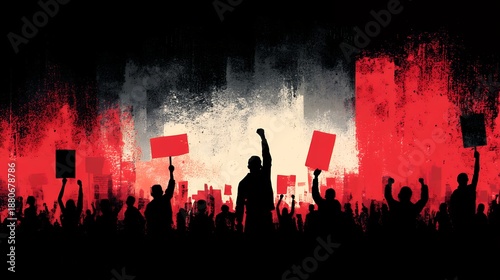 silhouette of crowd protesting with signs