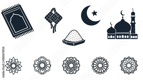 Islamic Icons: Prayer Mat, Mosque, Moon Star, Ketupat, Food, Ornaments