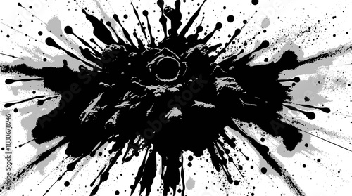 A dynamic black ink splatter with numerous droplets and streaks radiating outwards on a clean white background, creating an abstract and energetic visual.