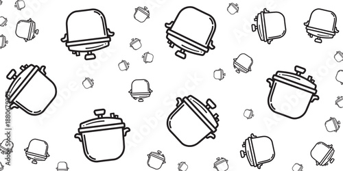 Hand-drawn pattern of cooking pots and pans on a white background