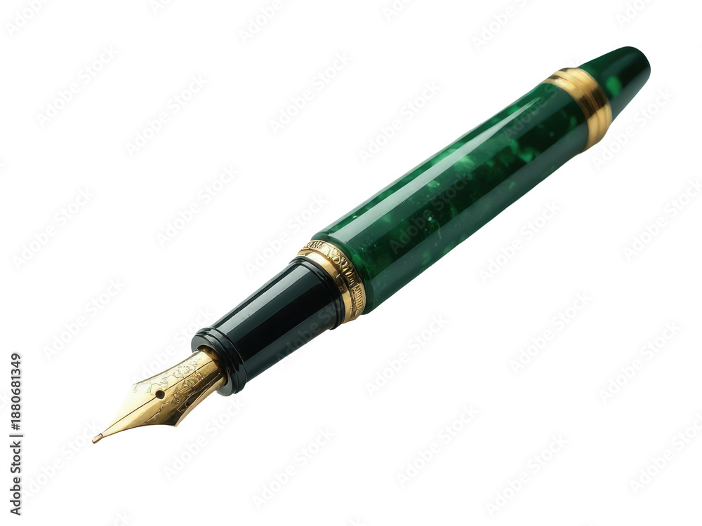 Naklejka premium A close-up shot of a green fountain pen with a gold nib, ideal for use in illustrations or as a symbol of creativity and writing