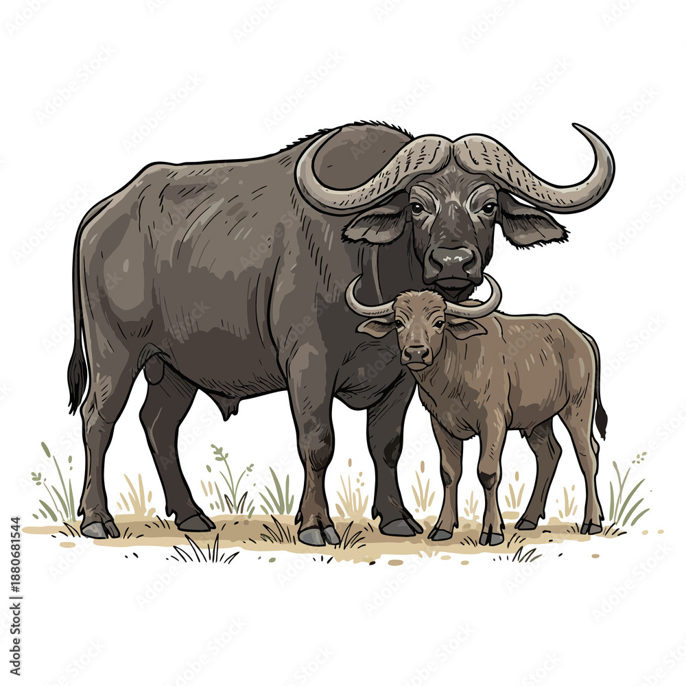 Obraz premium Detailed Handdrawn Cape Buffalo with Calf Wildlife Mammal Illustration