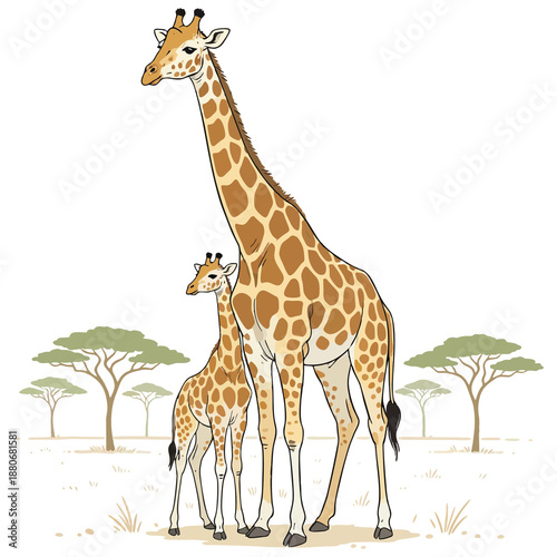 Cute Cartoon Style Giraffe Family with Trees Wildlife Illustration