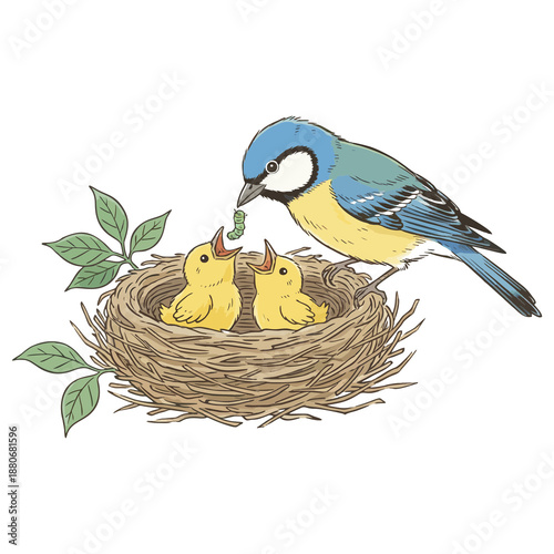 Detailed Handdrawn Illustration of Bird Feeding Chicks in Nest with Branch