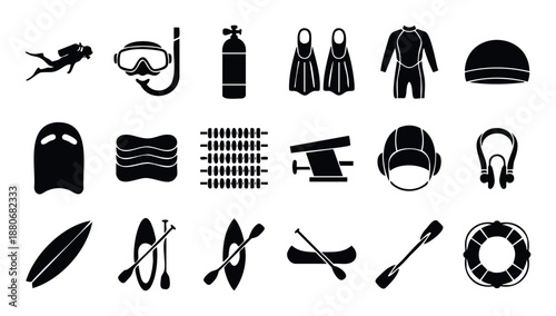 Comprehensive collection of water sport icons for diving, swimming, surfing, paddling, and safety equipment, ideal for outdoor recreation brochures or aquatic activity promotions.
