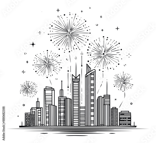 Skyscrapers forming an impressive urban panorama under spectacular fireworks bursts symbolizing success and joyous gatherings ideal for corporate achievements and festive campaigns