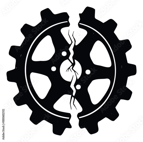 Broken black gear wheel with a visible jagged crack down the center, representing system failure, mechanical breakdown, or operational disruption for technical documentation and cautionary
