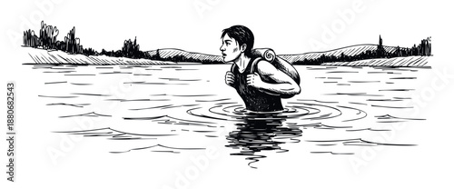 A determined person wading through calm river water carrying a backpack with a rolled sleeping bag, depicting a challenging journey or outdoor adventure suitable for travel and nature