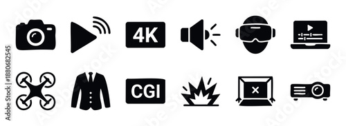 A collection of black flat icons representing modern video production, movie technology, virtual reality experiences, audio output, and film industry processes, perfect for media