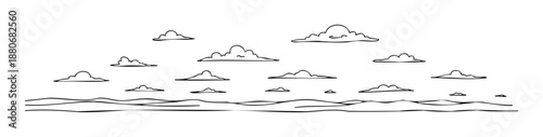Hand drawn outline clouds floating across a simple sky above a rolling landscape, perfect as a versatile graphic resource for nature themed projects or environmental awareness concepts.