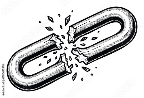 A striking illustration of a broken chain link representing weakness and the end of a connection, ideal for projects conveying concepts of failure, freedom, or overcoming challenges in