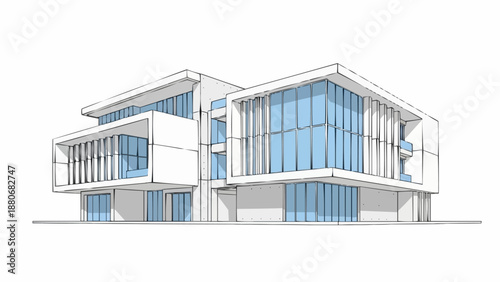 Modern Architectural Building Design Sketch with Glass Facade.