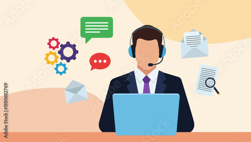 customer service representative offers online technical support using a laptop and communication tools for efficient client assistance.