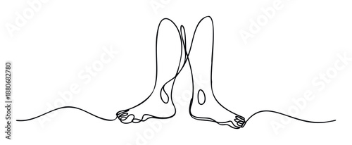Simple continuous line drawing featuring two bare human feet facing each other perfect for health wellness and lifestyle design projects