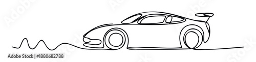 Dynamic continuous line drawing of a sleek sports car with a flowing wavy trail, ideal for automotiverelated marketing, racing event promotions, or modern graphic presentations