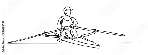 Dynamic single continuous line drawing capturing a focused rower in a scull boat with oars, perfect for sports event promotions, fitness inspiration, or active lifestyle branding projects