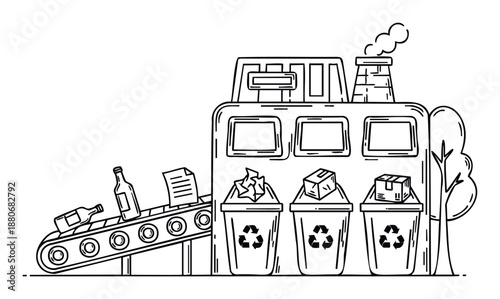 Recycling facility with waste materials on a conveyor belt leading to sorting bins and collection receptacles, ideal for presentations and educational materials on ecological preservation
