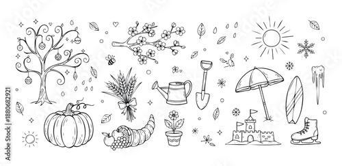 Seasonal activity and nature objects doodle collection perfect for coloring books, educational materials, and holiday project decorations.