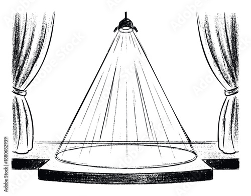Gritty black and white sketch of a dramatic stage with a powerful spotlight illuminating a circular platform and elegant open curtains, perfect for promoting live shows, artistic events, or