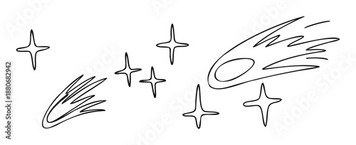 Collection of minimalist outline cosmic elements including various shining stars and dynamic meteors, suitable for dreamy celestial graphics and mystical themes.