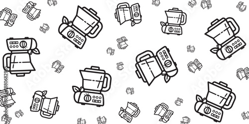 Seamless pattern of kitchen appliances like blenders, illustrated in a simple, modern, and monochrome style