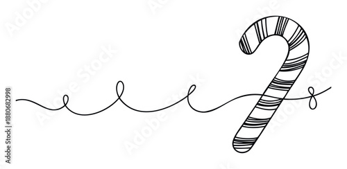 Simple continuous monoline drawing of a classic striped candy cane sweet for holiday season promotions winter event decorations or festive greeting print designs