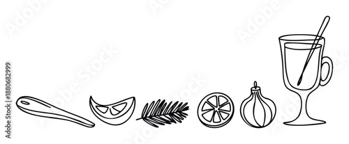 Collection of hand drawn holiday drink ingredients and winter decorations perfect for seasonal menus, festive greeting publications, or cozy event invitations.