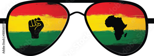 Aviator sunglasses with pan-African flag colors, raised fist and Africa silhouette vector illustration