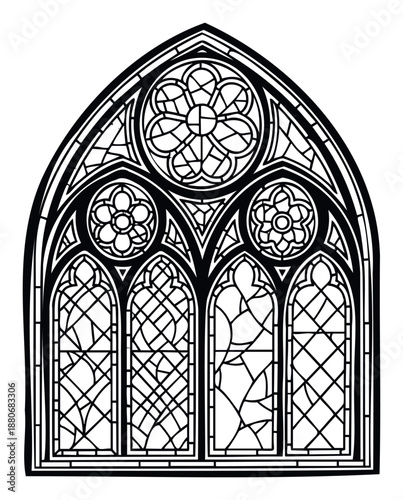 Detailed black and white gothic arch window design offering an ancient spiritual aesthetic for documentary visuals, educational materials, or sacred space decor.