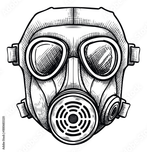 Detailed vintage engraving style drawing of a gas mask perfect for illustrating themes of protection danger safety or survival in graphic novels apparel or themed events