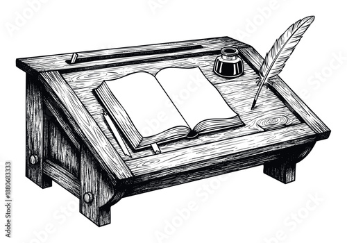 A vintage wooden writing desk with an open book, an inkwell, and a quill pen creates an evocative scene for historical content, literary themes, or educational designs.
