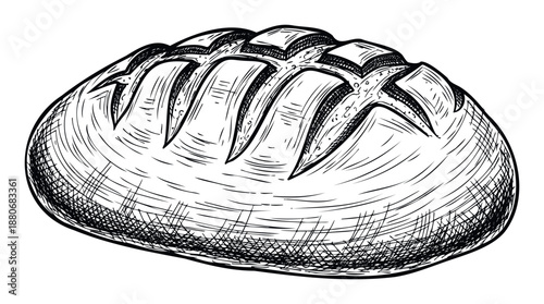 A hand drawn sketch of a rustic artisan loaf of bread perfect for bakery menus cooking websites food blogs or any culinary inspired marketing material