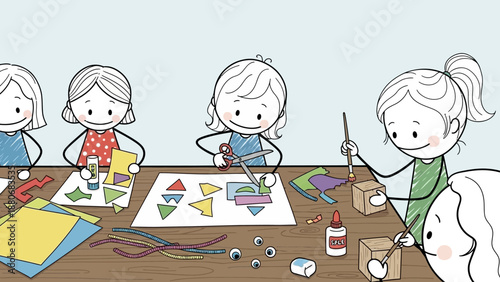 Children crafting and cutting paper at a table, creative art class