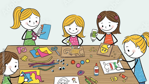 Children Crafting and Creating Art Together at a Table