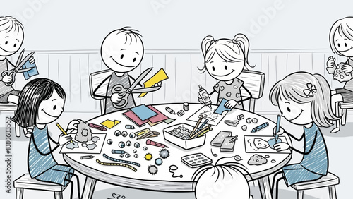 Children crafting at a round table, engaged in creative art and hobby activities.