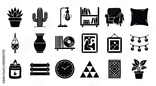 A comprehensive collection of cozy home decor and interior design essentials, including plants, lighting, furniture, and unique accents, perfect for enhancing modern living and comfort