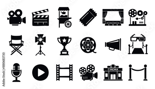 Comprehensive collection of various cinema and film industry related icons useful for moviethemed projects, entertainment websites, and engaging media presentations.