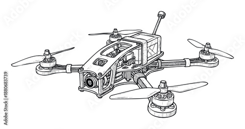 Detailed line drawing of a sophisticated FPV racing drone, showcasing its advanced quadcopter technology and engineering, ideal for modern aerial surveillance or hobbyist aviation concepts.