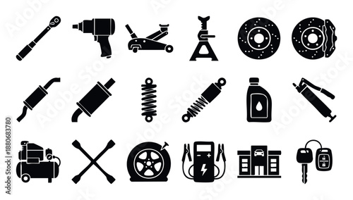 Automotive tools and car parts collection for vehicle maintenance and repair, perfect for mechanics, garages, and auto service advertisements.
