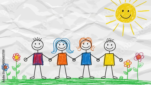 Children holding hands, drawing with sun and flowers, symbolizing friendship and happiness