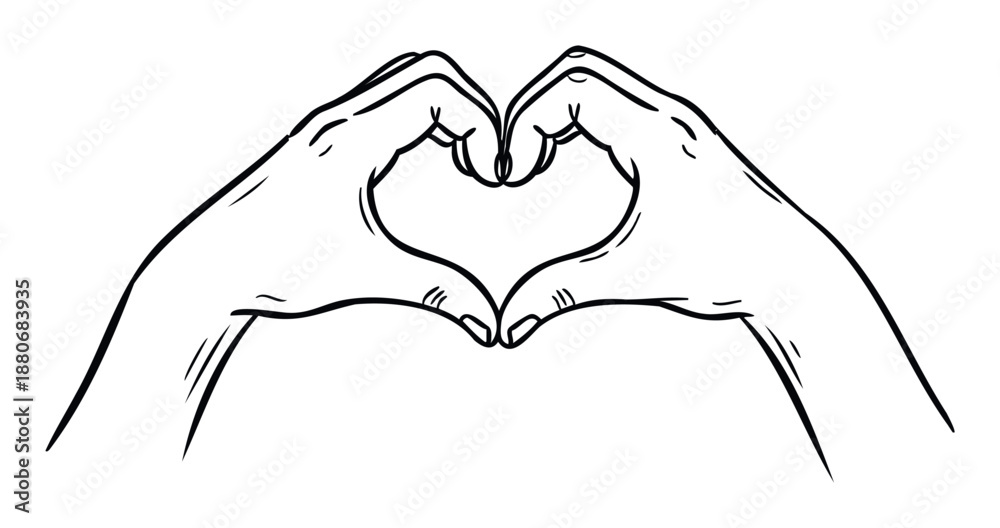 Obraz premium Two human hands forming a heart shape in a simple line drawing, perfect for conveying messages of love, care, unity, friendship, and positive emotions in various communication or